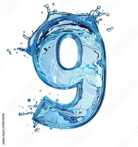 3D illustration of blue water splash number 9 on white background