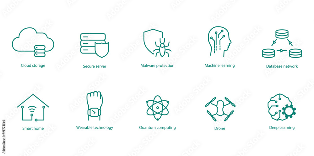 Cutting-Edge Tech Vector Icons: Cloud Storage, Secure Servers, Malware Protection, Machine Learning, Data Network, Smart House, Smart Wearables, Quantum Computing, Drones, Deep Learning