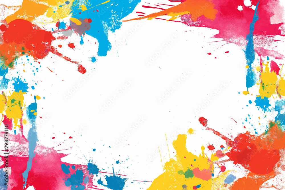 Fototapeta premium Colorful frame border vector illustration with paint splashes and a colorful background, leaving white space in the center of the picture and white blank edges