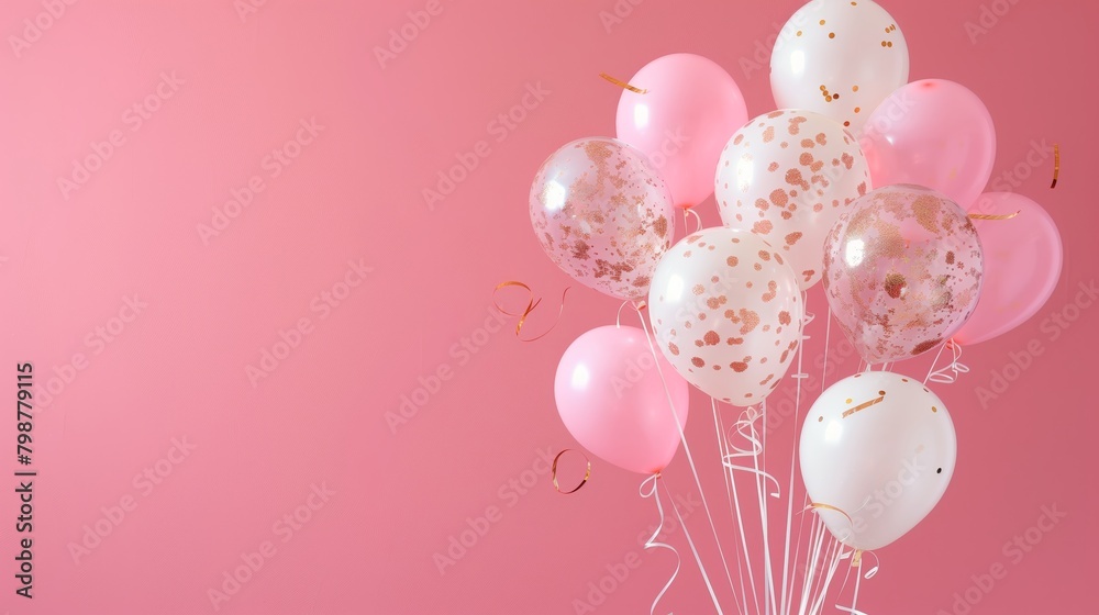 Happy birthday background with balloons in pink, white, and gold themes. banner, celebration, greeting card, background.