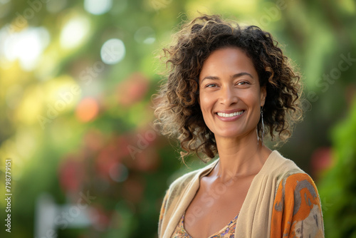 A beautiful mixedrace woman in her late thirties, smiling and standing outside with blurred outdoor background, wearing an elegant cardigan over the top of a light summer dress photo