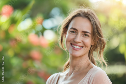 A beautiful woman in her late thirties smiling and standing outside, wearing comfortable with light colors