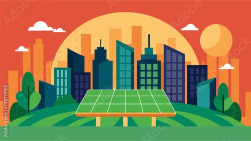 As the sun sets on a cityscape with green roofs solar panels on these roofs continue to collect and store energy reducing the reliance on