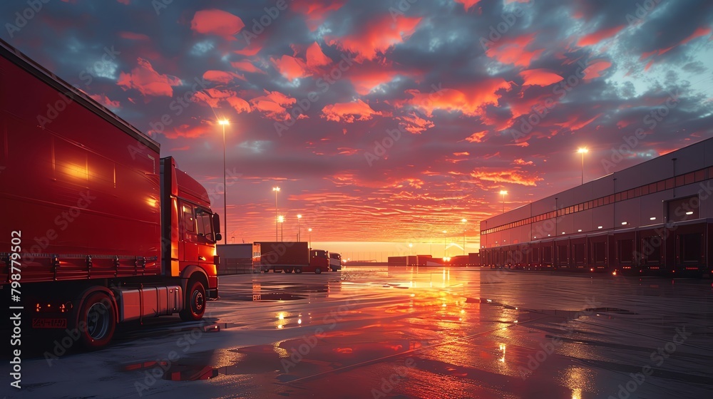 Sunset scene at a large distribution center with trucks loading and unloading, reflecting the dynamic world of supply chain management Sunset scene at a large distribution center with trucks loading and unloading, reflecting the dynamic world of supply chain management