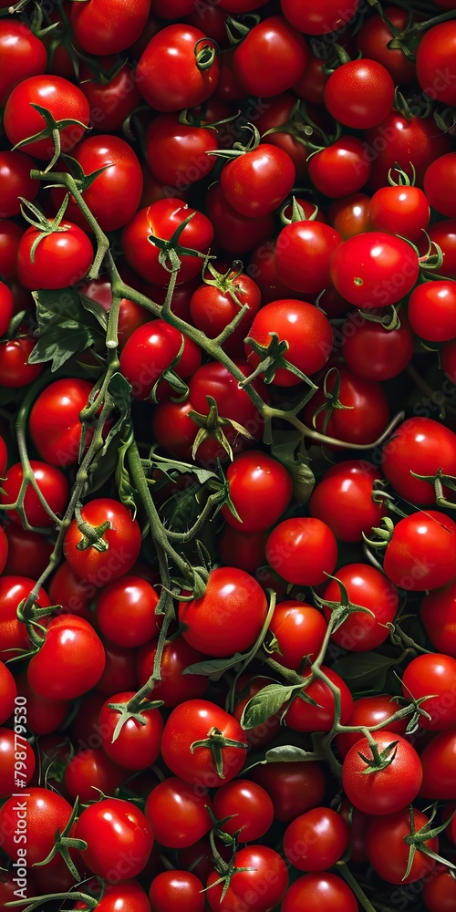 A close-up image of a bunch of ripe red cherry tomatoes on the vine. A close-up image of a bunch of ripe red cherry tomatoes on the vine.