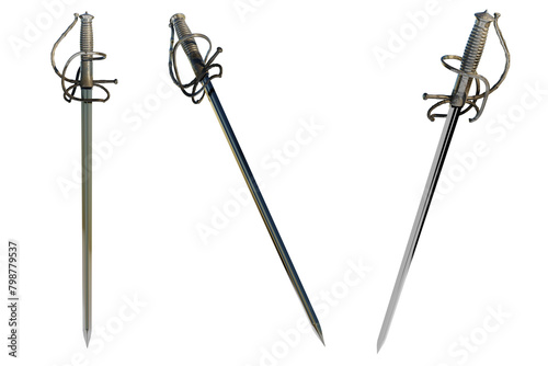 Rapier Spanish roper sword with loop guard on transparent background. 3D Render