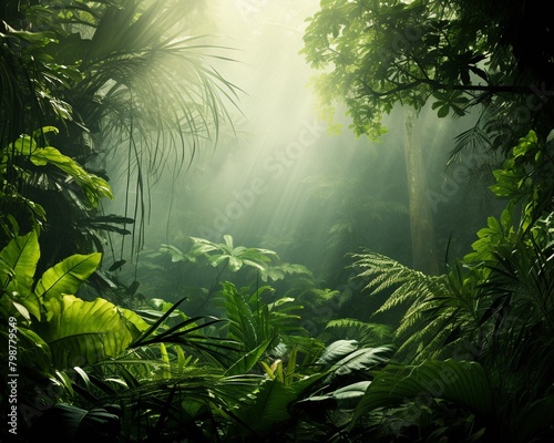 Lush tropical rainforest with morning mist, high resolution for detailed naturethemed wallpaper, vibrant green foliage, immersive view