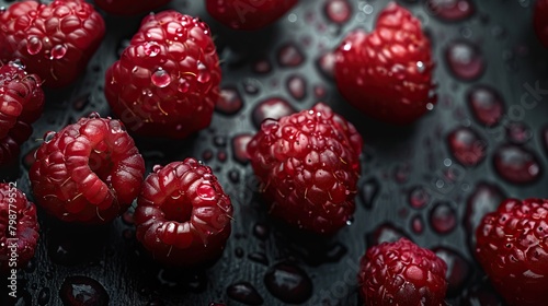Close-up of a handful of ripe and juicy red raspberries with water drops on a black background.