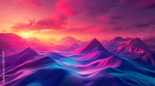 Surreal 3D landscape with rolling hills under a neon sky, colorful rays of light casting dramatic shadows