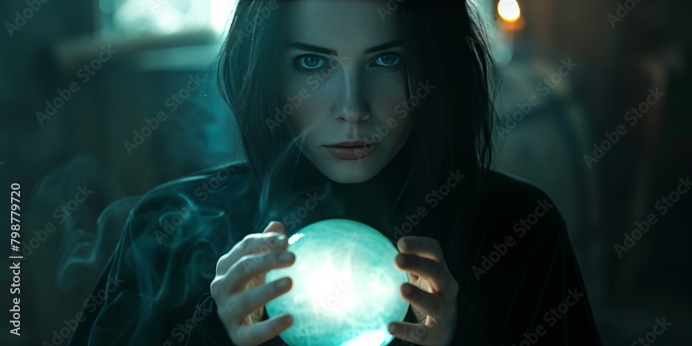 Naklejka premium A young witch with a magic orb. Woman with black hair holding transparent ball on dark background.