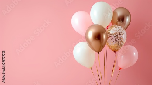 Happy birthday background with balloons in pink, white, and gold themes. banner, celebration, greeting card, background. photo