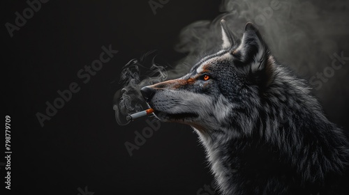 Surreal image of a wolf exhaling smoke from a cigarette, eyes glowing red against a stark black background