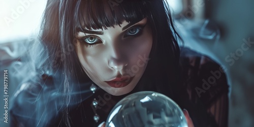 A young witch with a magic orb. Woman with black hair holding transparent ball on dark background.