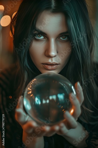A young witch with a magic orb. Woman with black hair holding transparent ball on dark background.