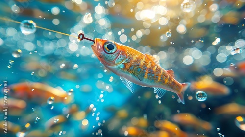 Underwater perspective showing a variety of fishing lures and baits attracting fish in a clear blue lake, showcasing effective angling tools photo