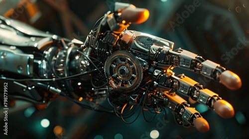 The image depicts a close up of a robotic hand. The hand is made of metal and has intricate details such as wires and rivets. The hand is lit by a bright light which is reflecting off of the metal sur