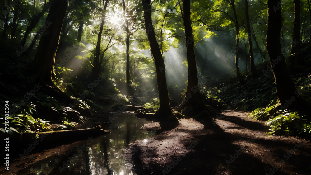 A peaceful woodland scene, with sunlight filtering through the trees and casting dappled shadows on the forest floor