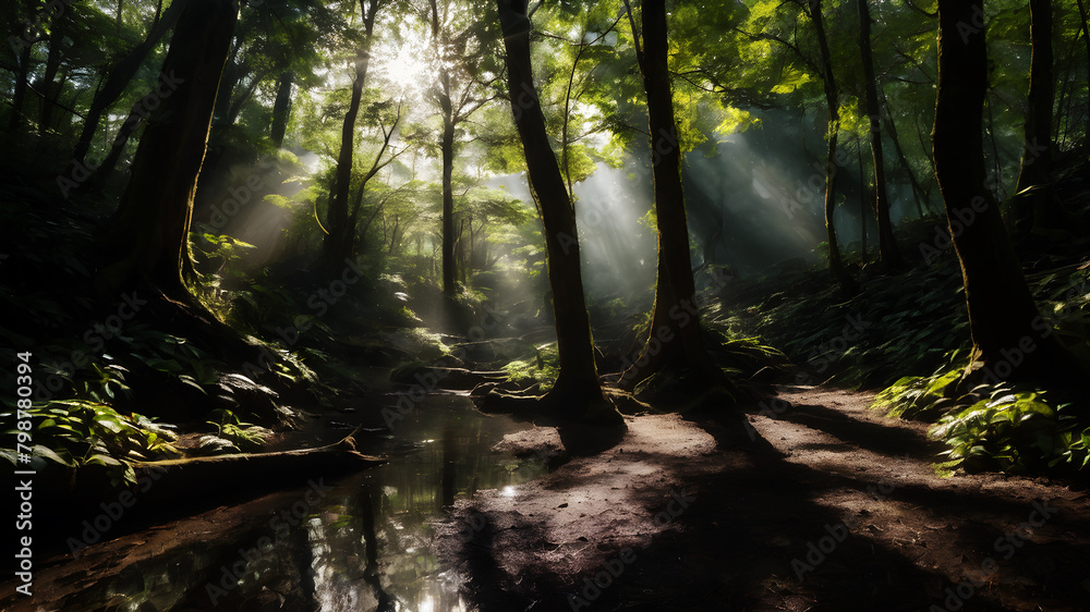 Fototapeta premium A peaceful woodland scene, with sunlight filtering through the trees and casting dappled shadows on the forest floor