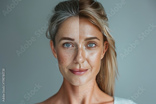 Old woman portrays aging psychological health and ageless beauty aging process, split maintenance, and beauty stages.