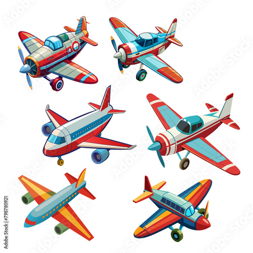 Set of flat airplane. Aircraft flight travel, aviation wings and landing airplanes, plane front flights in air