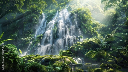 A photo of a waterfall in a jungle. The waterfall is cascading over a cliff into a pool of water  with bright sunlight shining through the trees. There is a small waterfall to the left of the main wat