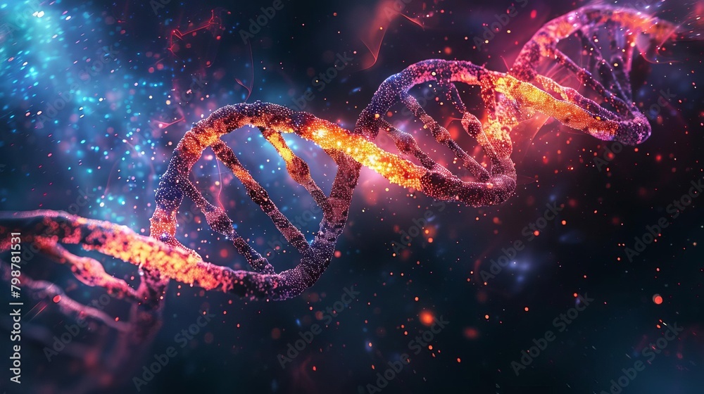 Abstract illustration of a DNA double helix glowing against a dark background, emphasizing the concept of genetic research and biotechnology