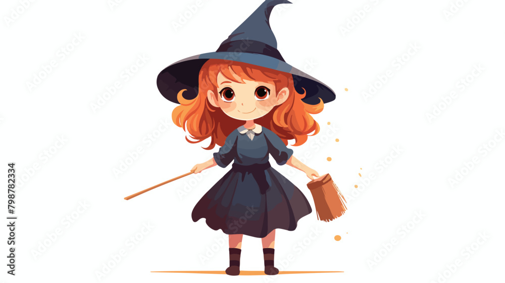 Cute girl in witch hat standing with a broomstick.