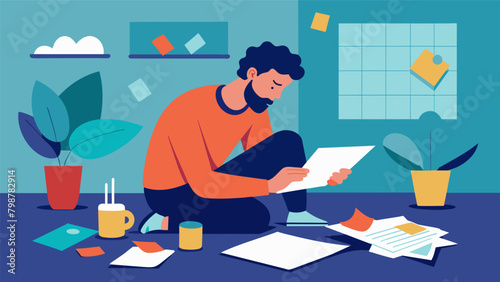 A quiet and introspective atmosphere fills the room as the man delicately s and arranges pieces of paper in his art therapy session allowing him to.