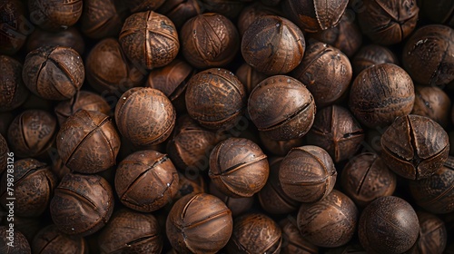 A macro view of a pile of unshelled macadamia nuts emphasis