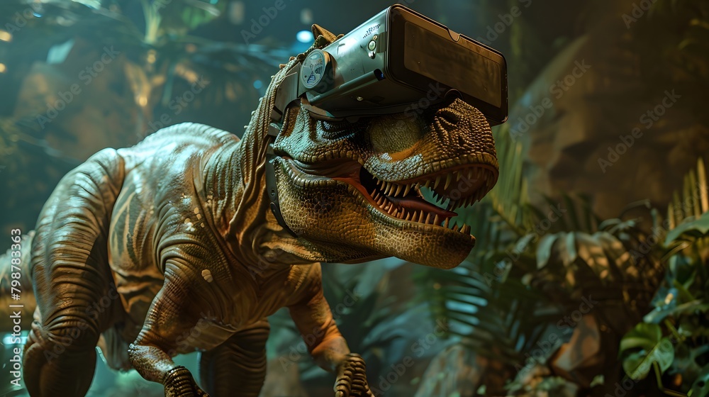 A dinosaur-themed VR training facility where a large A dinosaur-themed VR training facility where a large