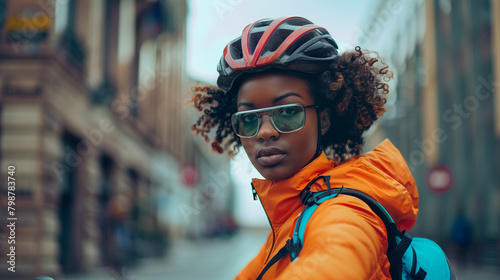 Beautiful young Afro American female cyclist with helmet in a bustling city environment, representing an active urban lifestyle.
