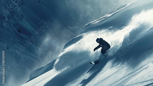A snowboarder is riding down a steep snow-covered mountainside.