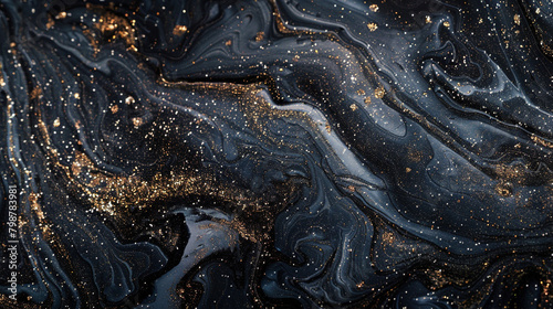 Nocturnal forest marble ink flowing across a dim abstract setting, speckled with subdued glitters.