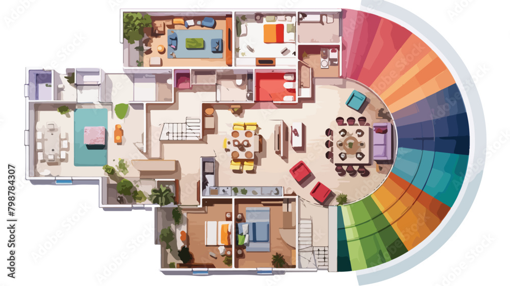 Apartment floor plan layout and color wheels palett