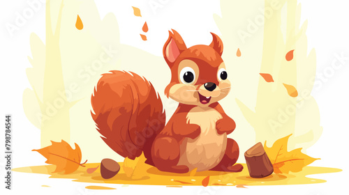 Cute happy squirrel with smiling joyful face holdin