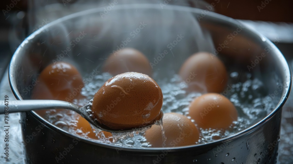 Spoon with boiled egg above saucepan on an electric stove, close-up Spoon with boiled egg above saucepan on an electric stove, close-up
