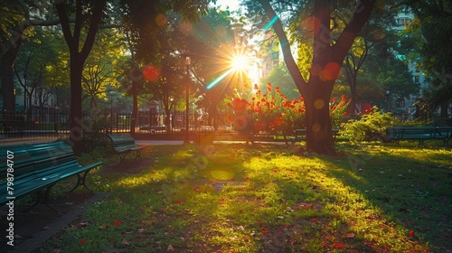 sunlit city park, lively, green oasis , vibrant color photo