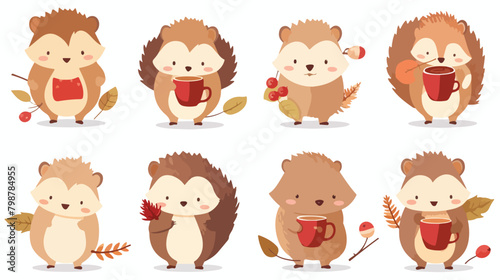 Cute hedgehogs set. Funny kawaii forest animals wit