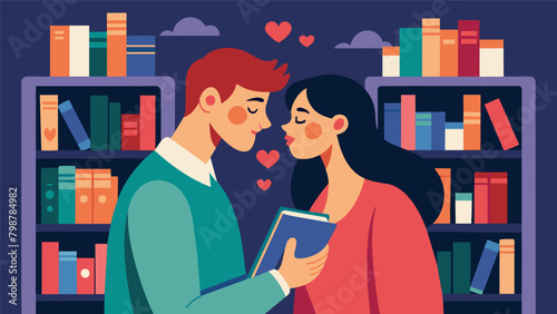 Two lovers meet in the library whispering sweet nothings and sharing their favorite lines from romantic poetry as they browse books together.. Vector illustration