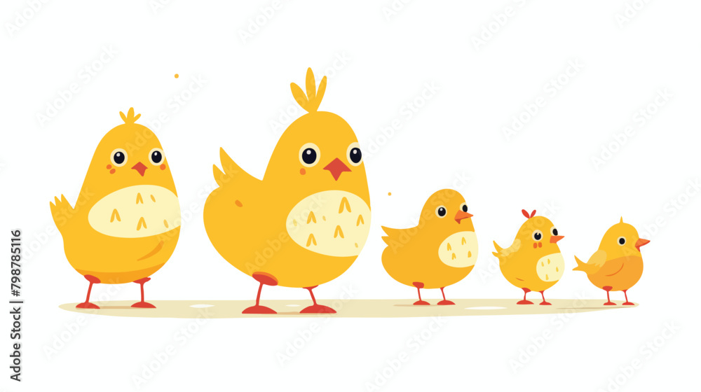 Cute hen walking with yellow chicken. Funny mom and