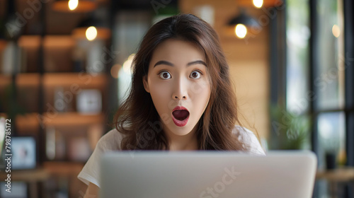 a young professional asian woman with her face hidden behind a laptop, pleasantly surprised by what she sees onscreen photo