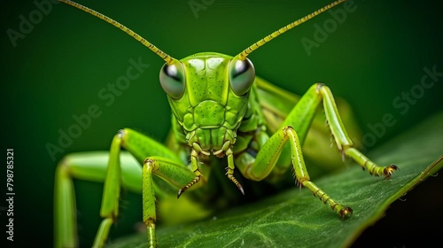 Closeup of a grasshopper perched on a vibrant green leaf, showcasing its detailed exoskeleton and natural camouflage in a lush garden setting © ItziesDesign