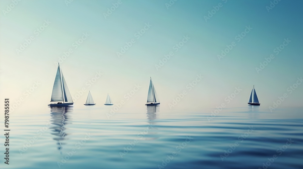 Fototapeta premium Tiny Sailboats Sailing on a Calm Blue Ocean Background, Serene Nautical Design for Peaceful Themes, Hand Edited Generative AI