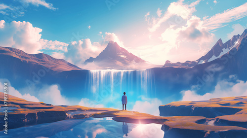 Kid stands in front of a waterfall in a beautiful mountain landscape, Fantasy wonder Background © kitti