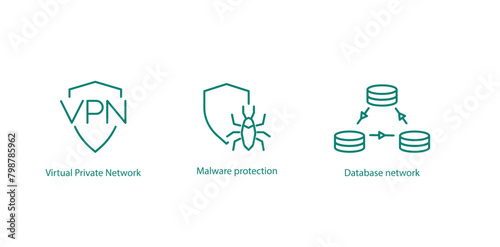 Tech Security Vector Icons: VPN, Malware Protection, Dataset Network