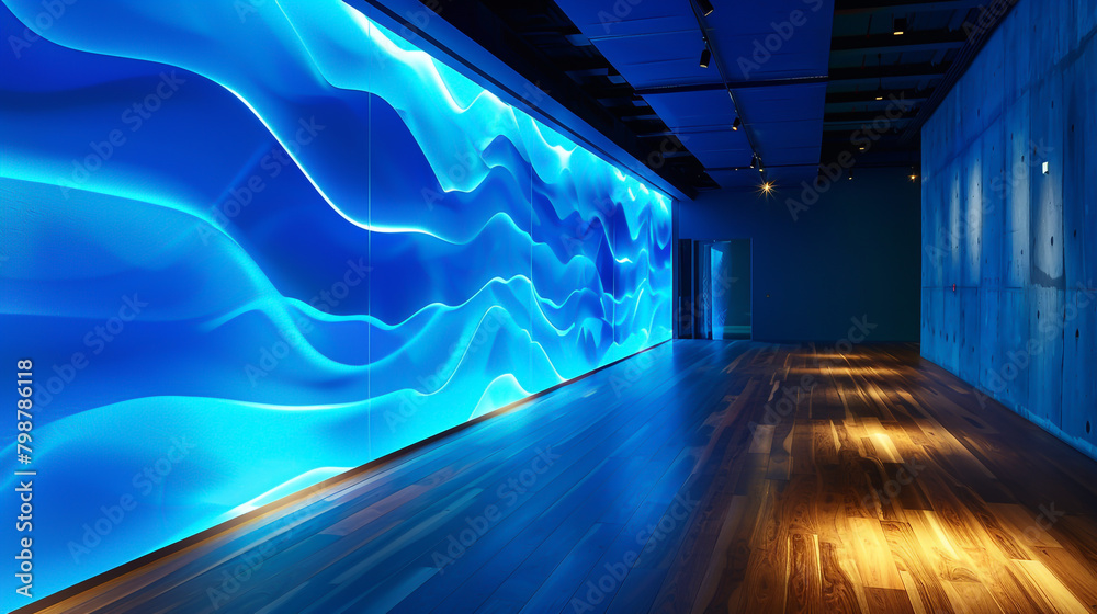 Dynamic Blue Wall, Glistening Reflections, and Polished Wooden Floor Form Impressive Setting.