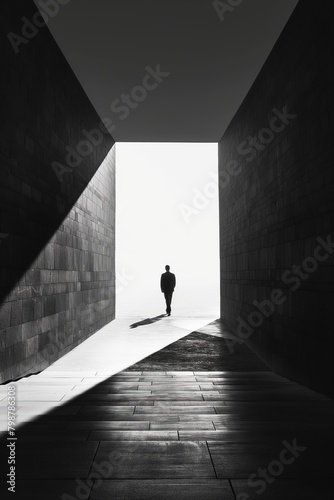Dark silhouette of a man walking through a big structure. Copy Space.