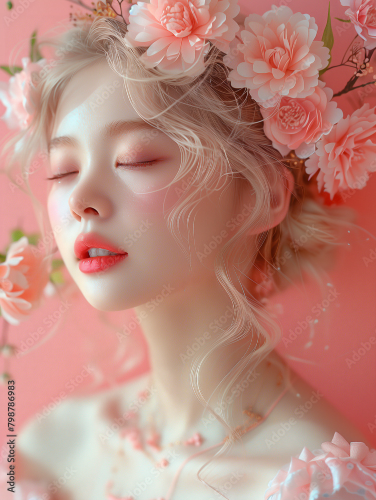 blonde Asian woman with flowers and leaves in her hair on an isolated Pastel pink background blonde Asian woman with flowers and leaves in her hair on an isolated Pastel pink background