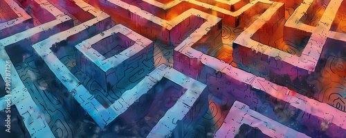 An aerial view of a 3D maze with blue and orange brick walls.