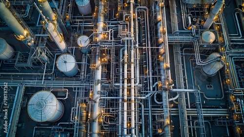 An aerial view of an oil refinery at night.